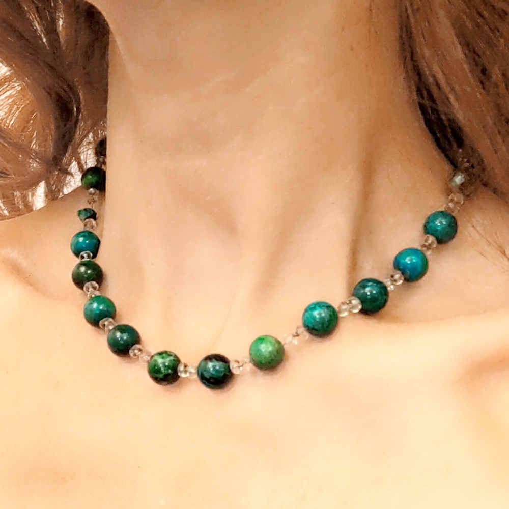 Vintage Malachite Azurite Beaded Sterling Silver Necklace